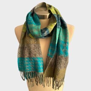 Merona One Size Acrylic Scarf 12" x 62" Striped Yellow Gray Green Blue